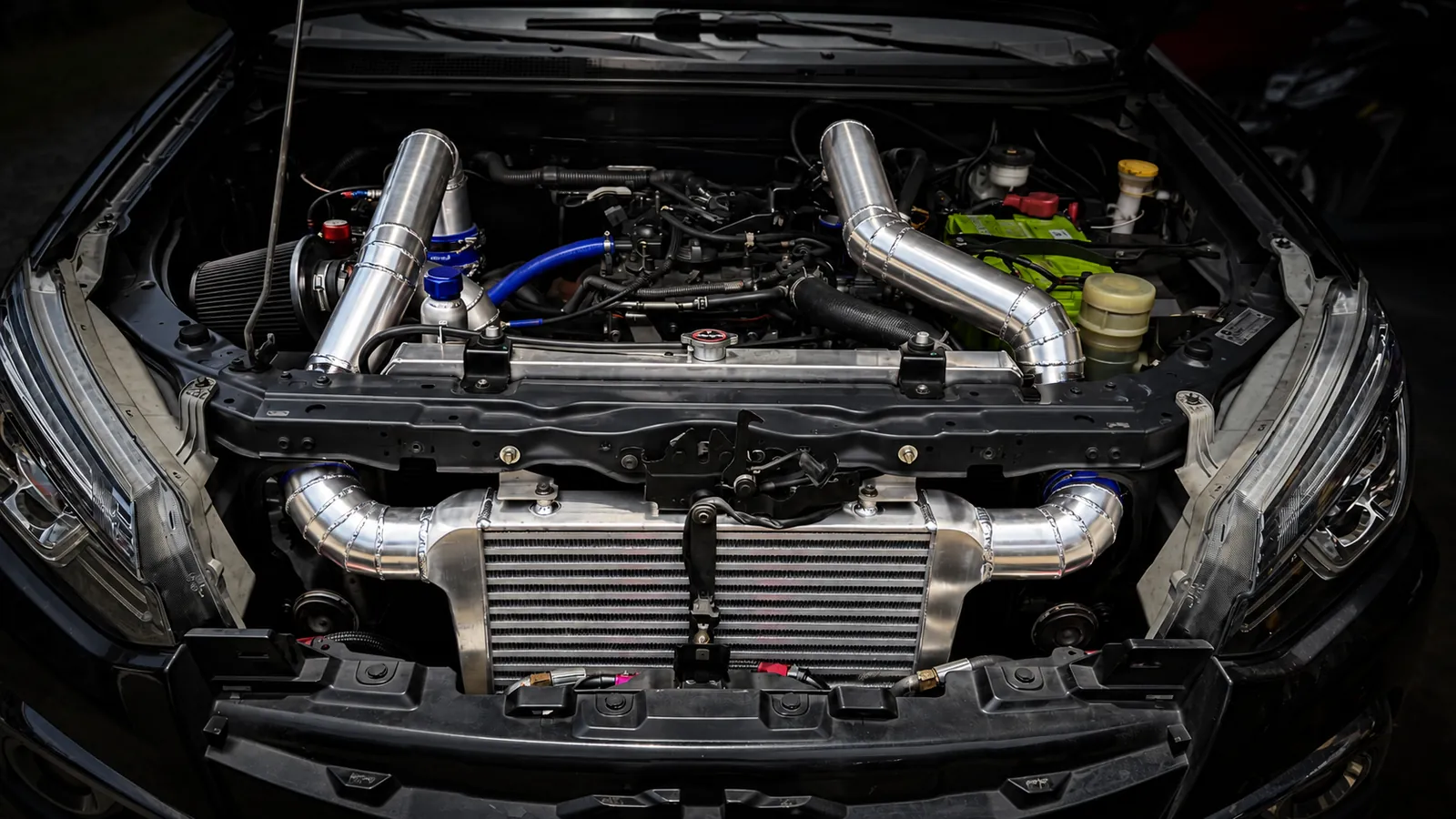Front-mount intercooler with polished aluminum pipes and blue couplers
