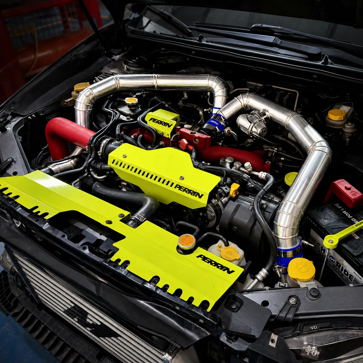 Aluminum intercooler pipes on a Subaru engine bay