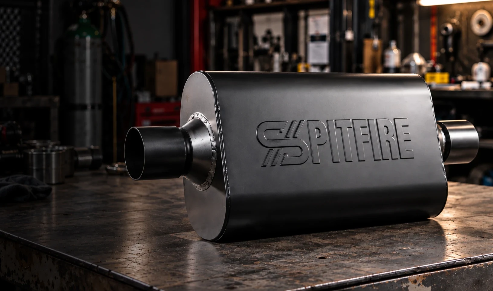 Spitfire chambered muffler with embossed logo on a workbench