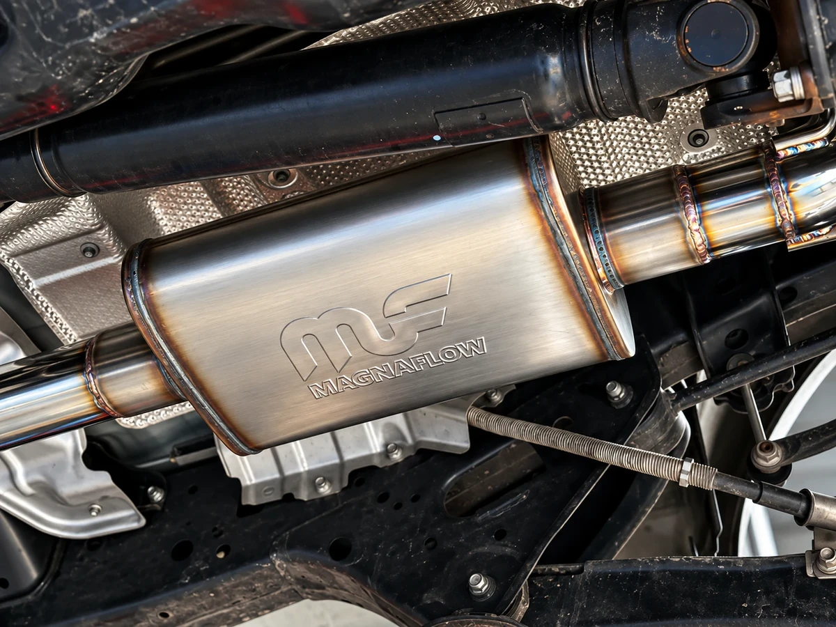 Magnaflow oval muffler with its embossed logo, installed under a car